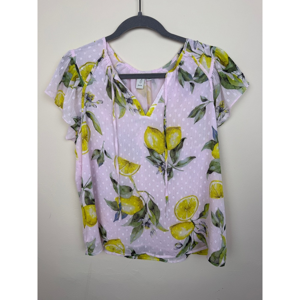 Lemon Print Light Pink Flutter Sleeve M V Neck Summer Boho